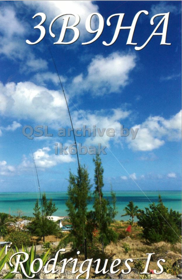 Front QSL card, of 3B9HA to IK2GRA, November 15, 2014, CW mode. The QSL image contains the following objects: Summer, Tree, Outdoors, Land, Sea. And contains this text: 3B9HA ikobak Rodrigues Is.