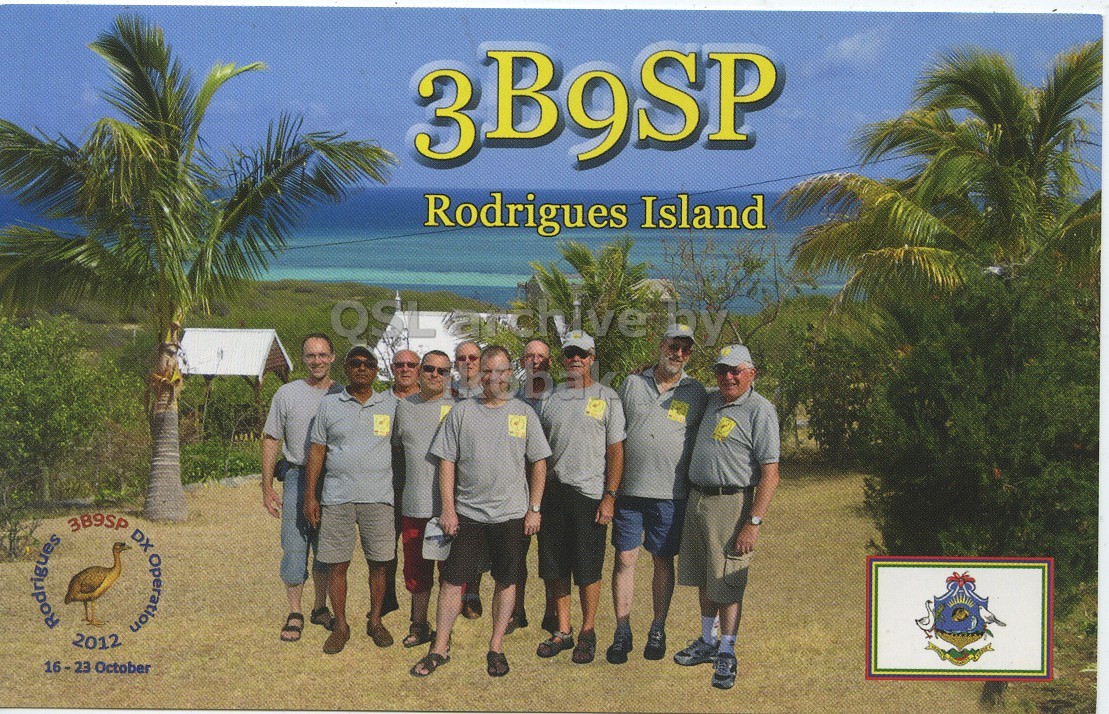 Front QSL card, of 3B9SP to IK6CQC, October 21, 2012, SSB mode. The QSL image contains the following objects: Summer, People, Shorts, Tree, Vegetation. And contains this text: 3B9SP Rodrigues Island Rodrigues 3B9SP 2012 October DX 16-23 3B9SP Rodrigues Island by Rodrigues 3B9SP 2012 October DX 16-23.