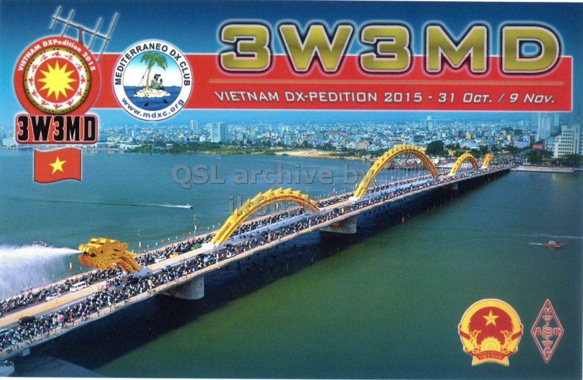 Front QSL card, of 3W3MD to IK2GRA, November 8, 2015, CW mode. The QSL image contains the following objects: Arch, Bridge, Water, Waterfront, Outdoors. And contains this text: VIETNAM DXPodition 2015 3W3MD MEDITERRANEO DX CLUB VIETNAM DX-PEDITION 2015-31 Oct. / 9 Nov. 3W3MD QSL archive b A.