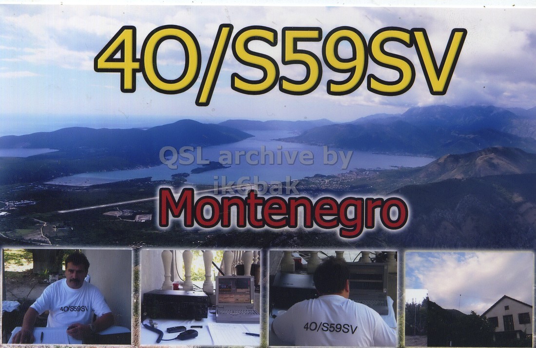 Front QSL card, of 40/S59SV to IK6CQC, August 16, 2007, SSB mode. The QSL image contains the following objects: Peak, Adult, Male, Man, Person. And contains this text: 40/S59SV QSL archive by Montenegro 40/S59SV 40/S59SV 40/S59SV QSL archive by Montenegro 40/S59SV 40/S59SV.