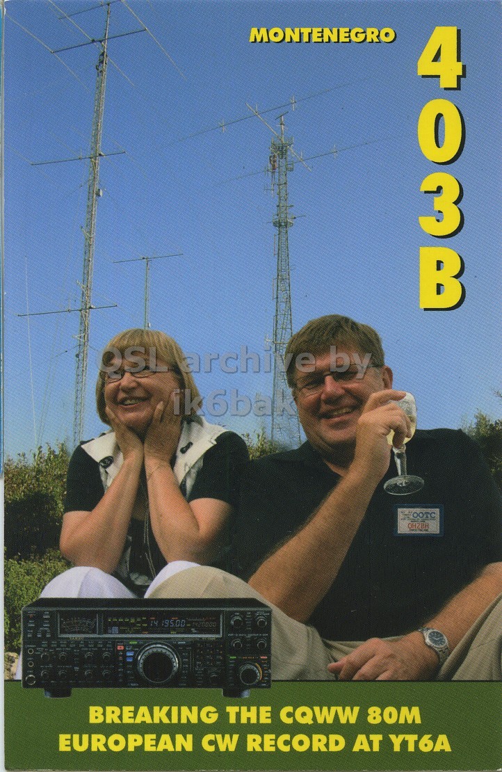 Front QSL card, of 4O3B to IK6CQC, March 24, 2007, SSB mode. The QSL image contains the following objects: Glasses, Adult, Male, Man, Person. And contains this text: MONTENEGRO OSL archive by ik6bak OOTC BREAKING THE CQWW 80M EUROPEAN CW RECORD AT YT6A MONTENEGRO OSL archive by ik6bak OOTC BREAKING THE CQWW 80M EUROPEAN CW RECORD AT YT6A.