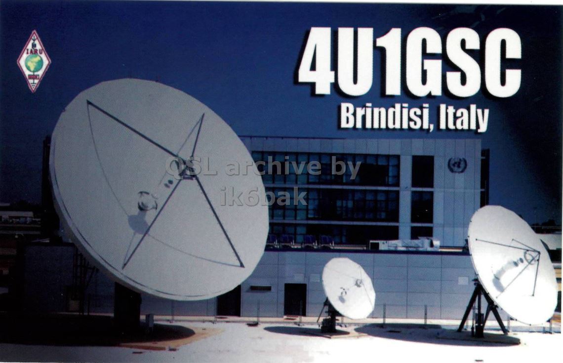 Front QSL card, of 4U1GSC to IK2GRA, October 7, 2012, CW mode. The QSL image contains the following objects: Electrical Device, Antenna, Machine, Wheel. And contains this text: IARU 4U1GSC Brindisi, Italy OSL archive by ik6bak IARU 4U1GSC Brindisi, Italy archive by ik6bak.