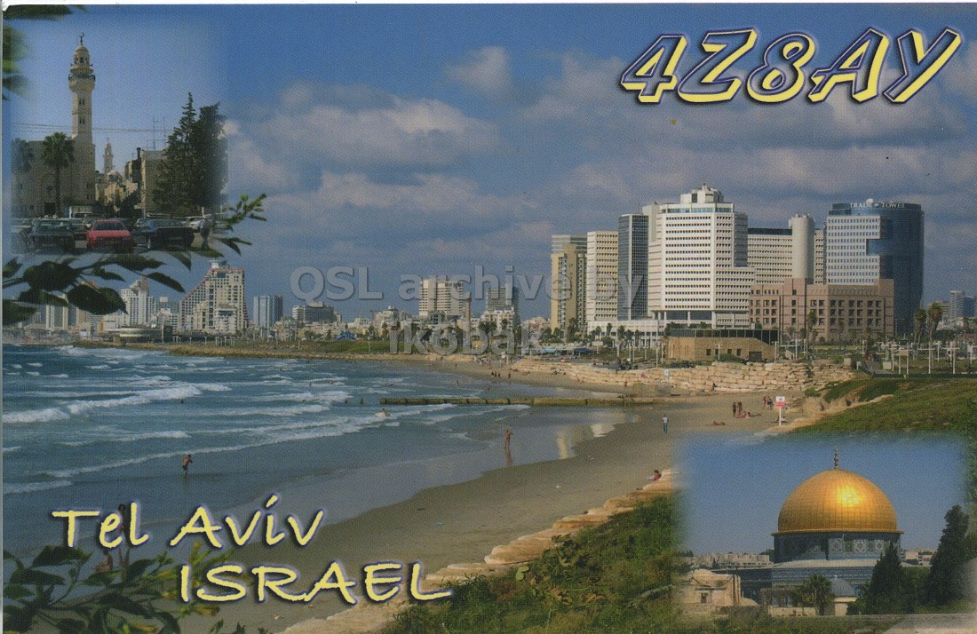 Front QSL card, of 4Z8AY to IK6CQC, February 17, 2008, SSB mode. The QSL image contains the following objects: City, Metropolis, Urban, Dome, Summer. And contains this text: 4Z8AY Tel Aviv ISRAEL 4Z8AY QSL Tel Aviv ISRAEL.