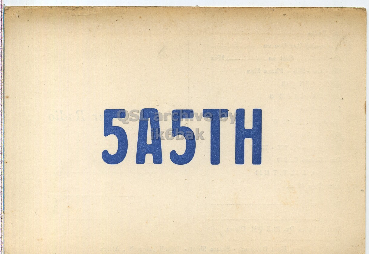 Front QSL card, of 5A5TH to I1LCN, September 18, 1962, PH mode. The QSL image contains the following objects: Book. And contains this text: 5A5T k TH.