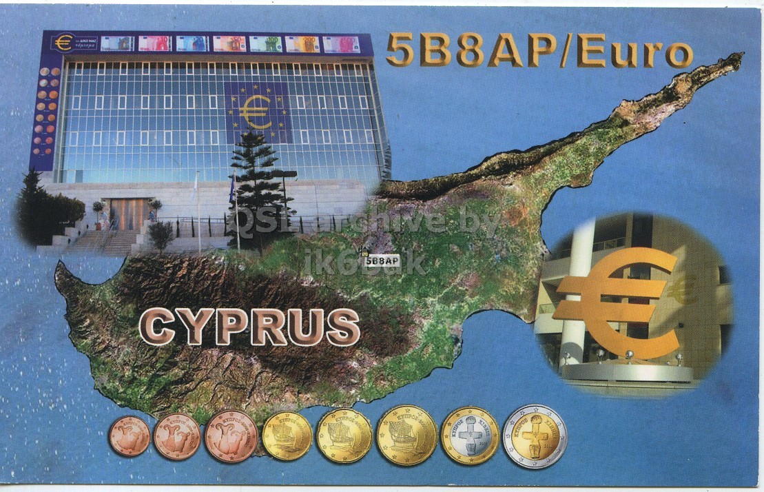 Front QSL card, of 5B8AP/EURO to IK6CQC, February 6, 2008, SSB mode. The QSL image contains the following objects: Building, City. And contains this text: € 5B8AP/Euro e CYPRUS € 5B8AP/Euro e by CYPRUS.