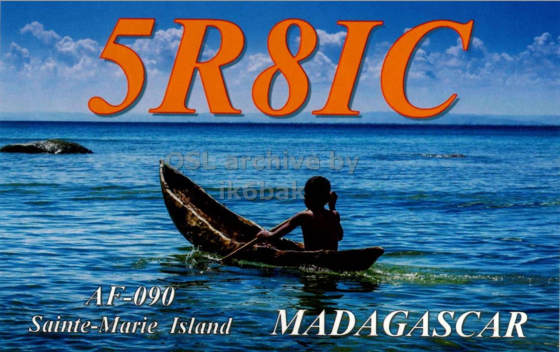 Front QSL card, of 5R8IC to IK2GRA, September 17, 2012, CW mode. The QSL image contains the following objects: Person, Boat, Canoe, Rowboat, Vehicle. And contains this text: 5R8IC OSL archive by ik6bak AF-090 Sainte-Marie Island MADAGASCAR 5R8IC OSL archive by ik6bak AF-090 Sainte-Marie Island MADAGASCAR.