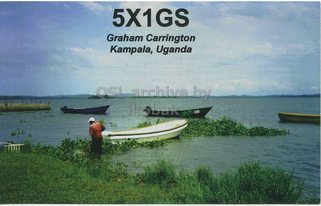 Front QSL card, of 5X1GS to IK6CQC, September 1, 2007, SSB mode. The QSL image contains the following objects: Person, Waterfront, Boat, Land, Dinghy. And contains this text: 5X1GS Graham Carrington Kampala, Uganda OSL archive by 5X1GS Graham Carrington Kampala, Uganda OSL archive by.