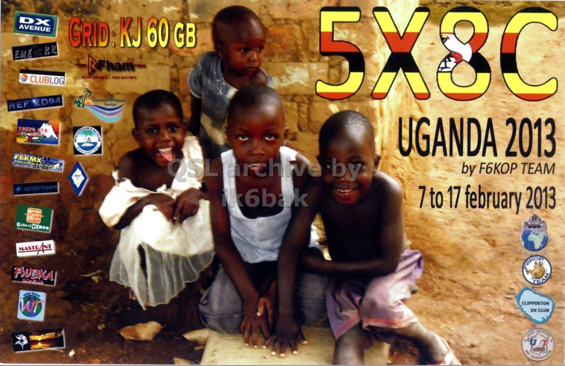 Front QSL card, of 5X8C to IK2GRA, February 9, 2013, CW mode. The QSL image contains the following objects: Person, Photography, Portrait, Poster, Child. And contains this text: DX AVENUE GRID: KJ 60 GB CLUBLOG REF ED94 UGANDA 2013 F6KMX QSL archive by by F6KOP TEAM ik6bak 7 to 17 february 2013 TEAM WT CLIPPERTON DX CLUB DX AVENUE GRID: KJ 60 GB CLUBLOG LES REF ED94 UGANDA 2013 F6KMX QSL archive by by F6KOP TEAM ik6bak 7 to 17 february 2013 TEAM with WT CLIPPERTON DX CLUB.