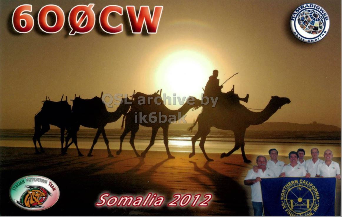 Front QSL card, of 6O0CW to IK2GRA, May 16, 2012, CW mode. The QSL image contains the following objects: Adult, Male, Man, Person, Camel. And contains this text: 600CW sharing QSL archive by ik6bak Somalia 2012 600CW sharing QSL archive by ik6bak ITALIAN TEAM NORTHERN ON INC. CALIFORNIA Somalia 2012.