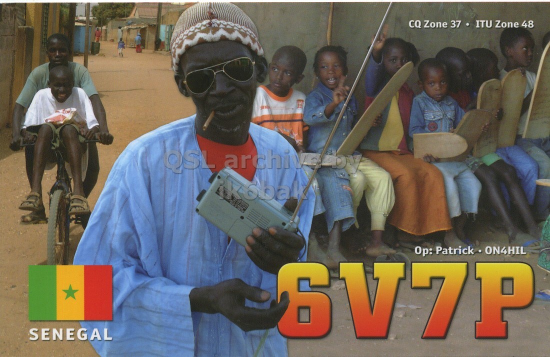 Front QSL card, of 6V7P to IK6CQC, February 27, 2009, SSB mode. The QSL image contains the following objects: Photography, Boy, Child, Male, Person. And contains this text: CQ Zone 37 ITU Zone 48 SV7P Patrick Ор: ON4HIL SENEGAL CQ Zone 37 ITU Zone 48 QSL Patrick Ор: ON4HIL SENEGAL.