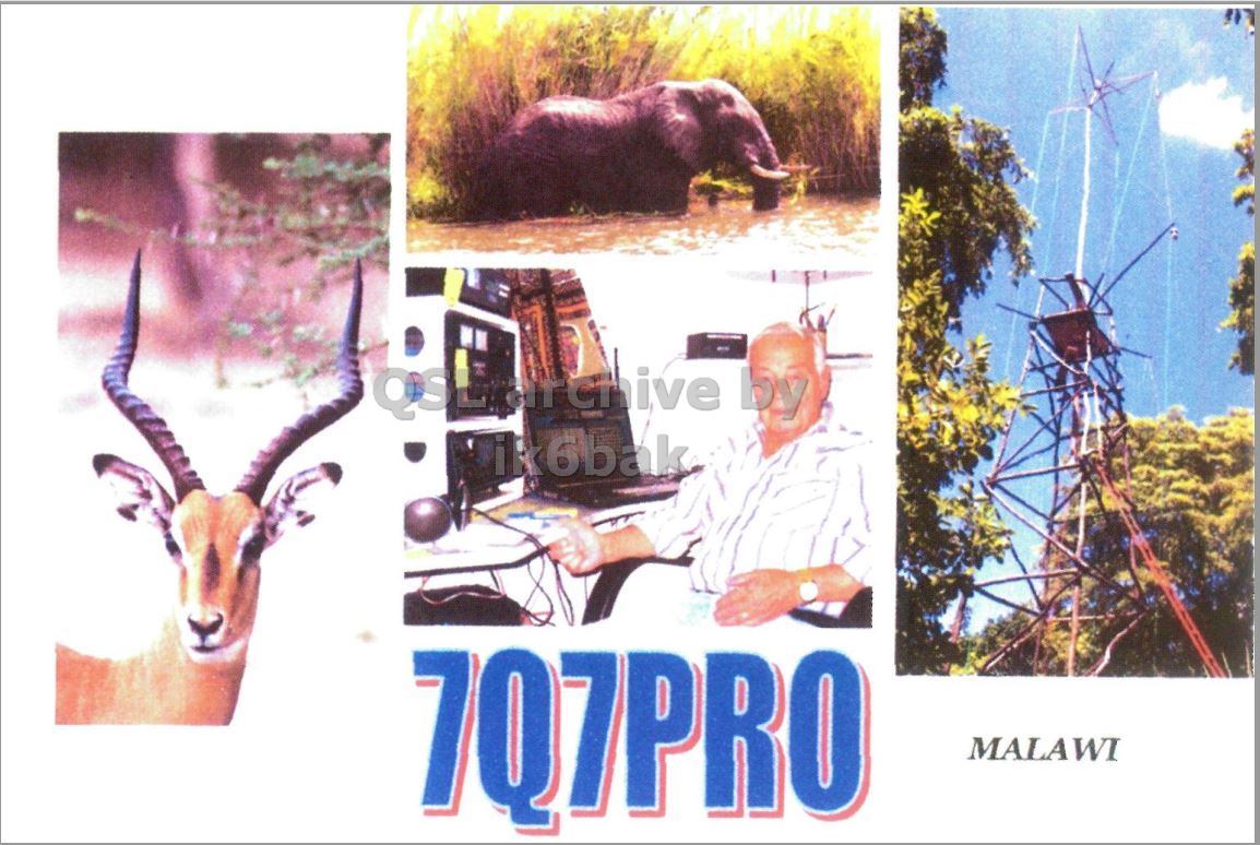 Front QSL card, of 7Q7PRO to IK2GRA, April 25, 2012, CW mode. The QSL image contains the following objects: Antelope, Impala, Adult, Man, Person. And contains this text: QSL airchive by 7Q7PRO MALAWI QSL by 7Q7PRO MALAWI.