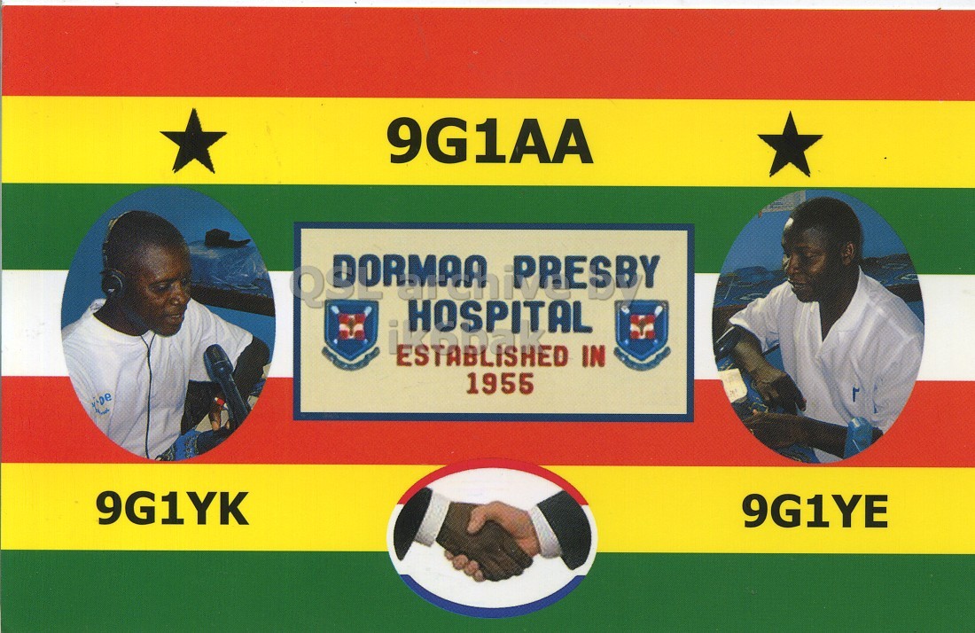 Front QSL card, of 9G1AA to IK6CQC, February 5, 2008, SSB mode. The QSL image contains the following objects: People, Person, Adult, Male, Man. And contains this text: 9G1AA DORMAA PRESBY HOSPITAL ESPABLISHED IN 1955 9G1YK 9G1YE 9G1AA PRESBY HOSPITAL IN 1955 9G1YK 9G1YE.