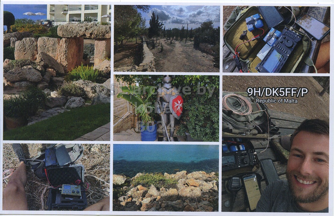 Front QSL card, of 9H/DK5FF/P to IK6BAK/P, October 23, 2024, SSB mode. The QSL image contains the following objects: Photography, Rock, Collage, Soil, Person. And contains this text: by 9H/DK5FF/P Republic of Malta.