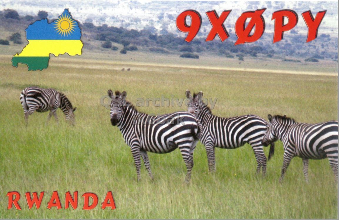 Front QSL card, of 9X0PY to IK2GRA, January 16, 2013, CW mode. The QSL image contains the following objects: Animal, Mammal, Wildlife, Zebra. And contains this text: 9XOPY RWANDA 9XOPY RWANDA.