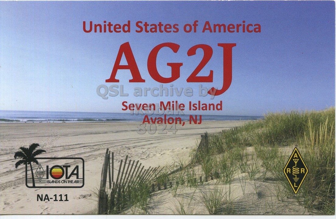 Front QSL card, of AG2J to IK6BAK, December 31, 2019, FT4 mode. The QSL image contains the following objects: Summer, Beach, Nature, Sea, Soil. And contains this text: United States of America AG2J by QSL archive Seven Mile Island Avalon, NJ 8024 A IOTA R R 00 ISLANDS ON THE AIRE L NA-111.