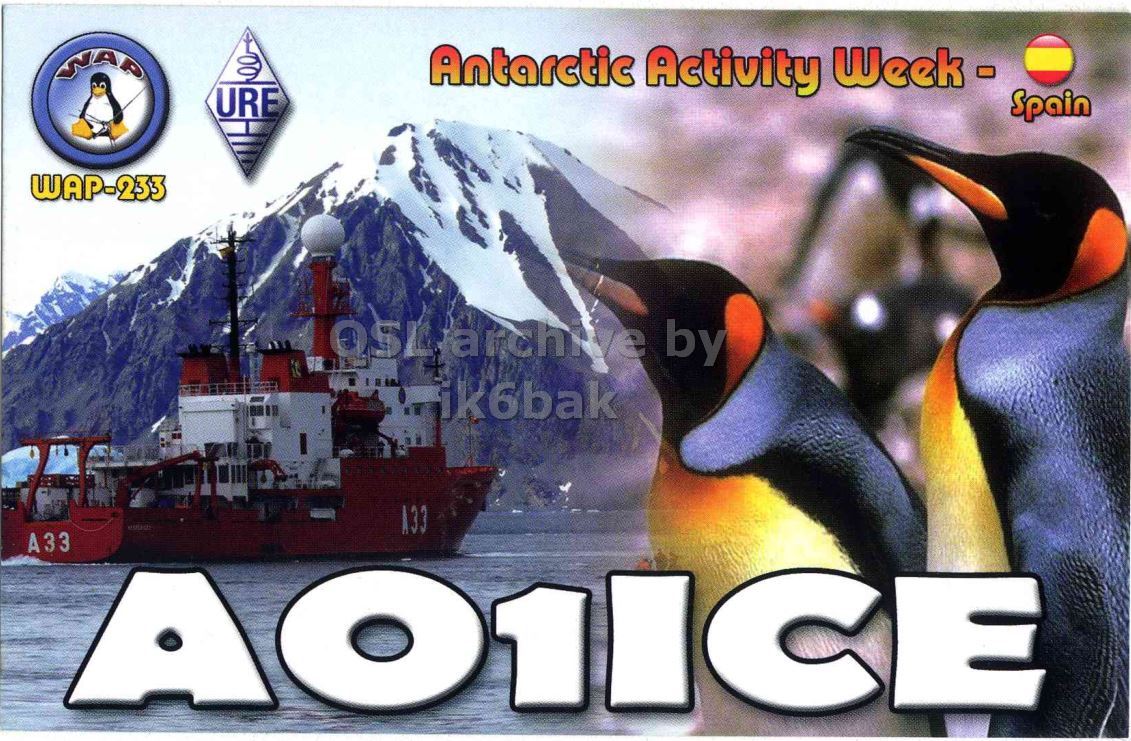 Front QSL card, of AO1ICE to IK2GRA, February 21, 2013, CW mode. The QSL image contains the following objects: Bird, Penguin, Watercraft, Boat, Person. And contains this text: WAP Antarctic Activity Week- URE Spain WAP-233 by ik6bak A33 A33 WAP Antarctic Activity Week- URE Spain WAP-233 by ik6bak A33 A33.