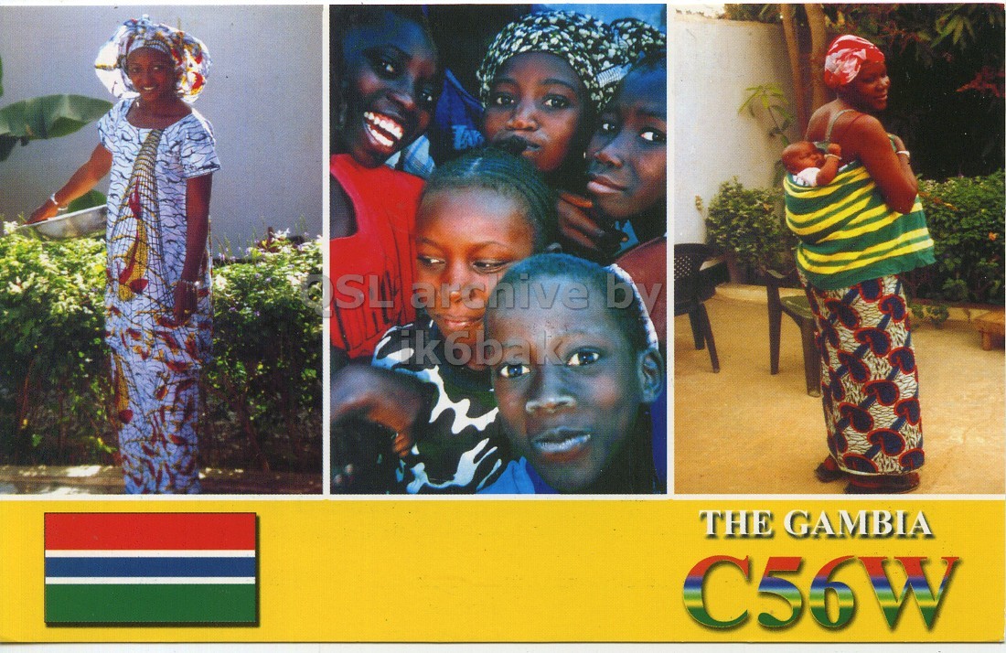 Front QSL card, of C56W to IK6CQC, June 23, 2006, SSB mode. The QSL image contains the following objects: Photography, Person, Portrait, Collage, Woman. And contains this text: USL archive by THE GAMBIA C56W USL archive by THE GAMBIA C56W.