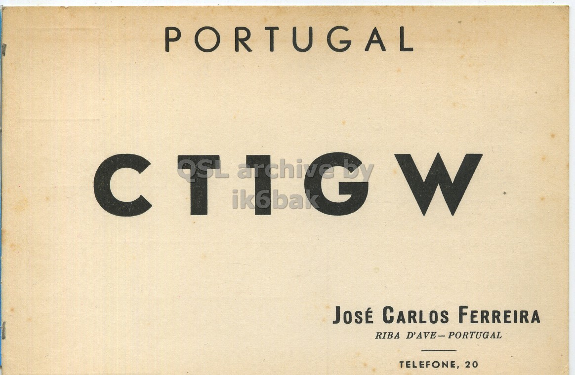 Front QSL card, of CT1GW to I1LCN, August 4, 1961, PH mode. The QSL image contains the following objects: Book, Advertisement, Poster. And contains this text: PORTUGAL C OSL 1G W JOSÉ CARLOS FERREIRA RIBA D'AVE-PORTUGAL TELEFONE, 20 PORTUGAL W JOSÉ CARLOS FERREIRA RIBA TELEFONE, 20.