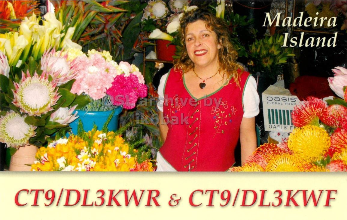 Front QSL card, of CT9/DL3KWR to IK2GRA, March 28, 2016, CW mode. The QSL image contains the following objects: Flower, Flower Arrangement, Flower Bouquet, Bride, Person. And contains this text: Madeira Island oasis FLORAL FOAM ik6bak OASIS F CT9/DL3KWR & CT9/DL3KWF.