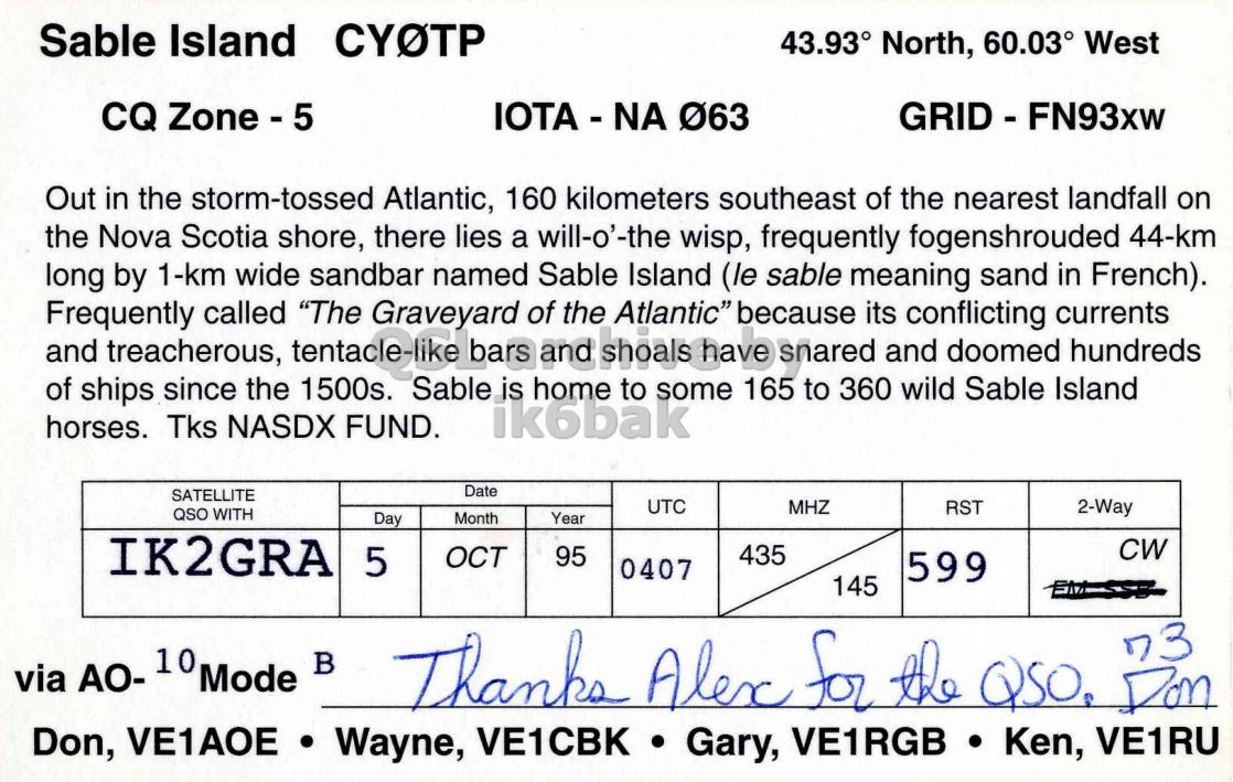 Right QSL card, of CY0TP to IK2GRA, October 5, 1995, CW mode. And contains this text: 43.93° North, 60.03° West CQ Zone - 5 Out in the storm-tossed Atlantic, 160 kilometers southeast of the nearest landfall on the Nova Scotia shore, there lies a will-o'-the wisp, frequently fogenshrouded 44-km long by 1-km wide sandbar named Sable Island (le sable meaning sand in French). Frequently and treacherous, called "The Graveyard of the Atlantic" because snared its and conflicting doomed currents hundreds of ships since the Sable home 165 360 wild Sable Island 1500s. to to some horses. Tks NASDX FUND. ik6bak Date SATELLITE UTC MHZ RST 2-Way QSO WITH Day Month Year Sable Island 43.93° North, 60.03° West CQ Out in the storm-tossed Atlantic, 160 kilometers southeast of the nearest landfall on the Nova Scotia shore, there lies a will-o'-the wisp, frequently fogenshrouded 44-km long by 1-km wide sandbar named Sable Island (le sable meaning sand in French). Frequently and treacherous, called "The Graveyard of the Atlantic" because snared its and conflicting doomed currents hundreds of ships since the Sable home 165 360 wild Sable Island 1500s. to to some horses. Tks NASDX FUND. ik6bak Date SATELLITE UTC MHZ RST 2-Way QSO WITH Day Month Year.