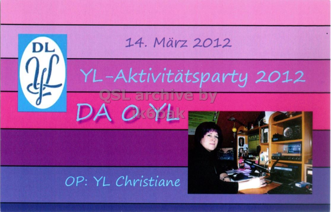 Front QSL card, of DA0YL to IK2GRA, March 8, 2012, CW mode. The QSL image contains the following objects: Purple, Book, Adult, Person, Woman. And contains this text: 14. März 2012 DL YL YL-Aktivitätsparty 2012 QSL archive by DA Ok6pak OP: YL Christiane 14. März 2012 DL YL YL-Aktivitätsparty 2012 QSL archive by DA YL Christiane.