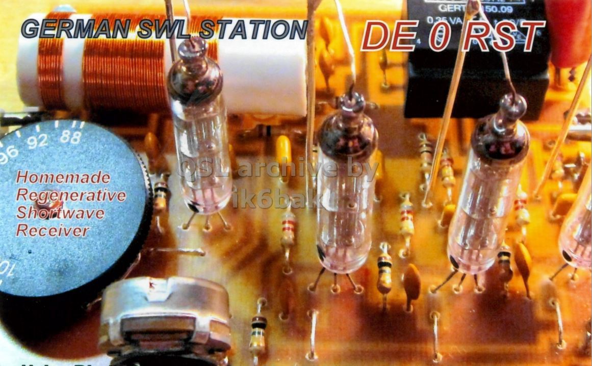 Front QSL card, of DE0RST to IK2GRA, September 18, 2016, CW mode. The QSL image contains the following objects: Electronics. And contains this text: GERT 50.09 GERMAN SWL STATION DE O RST Homemade Regenerative Shortwave Receiver OL.
