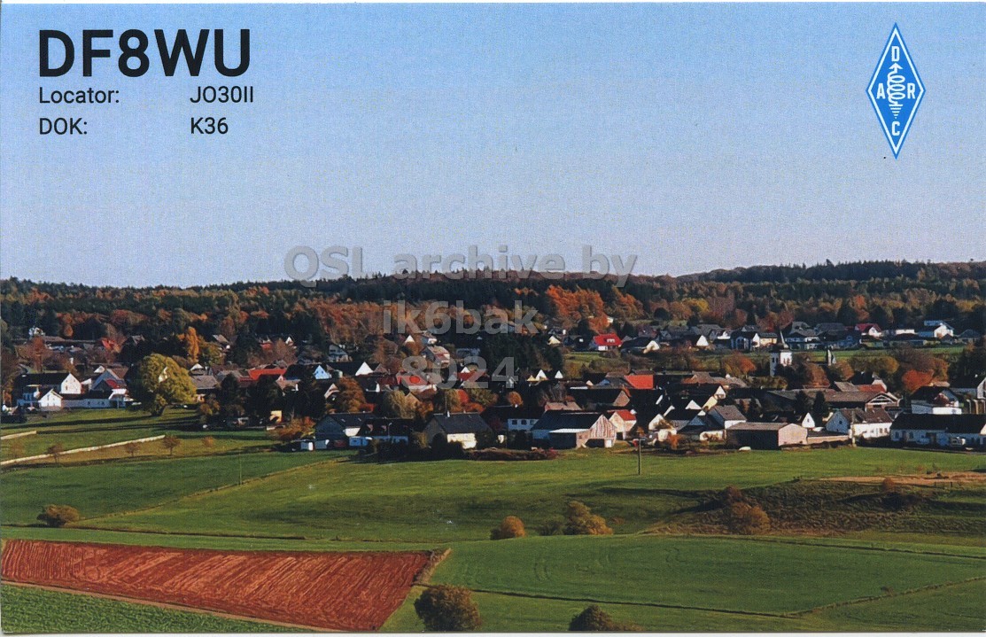 Front QSL card, of DF8WU to IK6BAK, May 28, 2024, CW mode. The QSL image contains the following objects: Outdoors, Nature, Field, Countryside, Rural. And contains this text: DF8WU A Locator: 000 R K36 DOK: С ik6bak 8024.