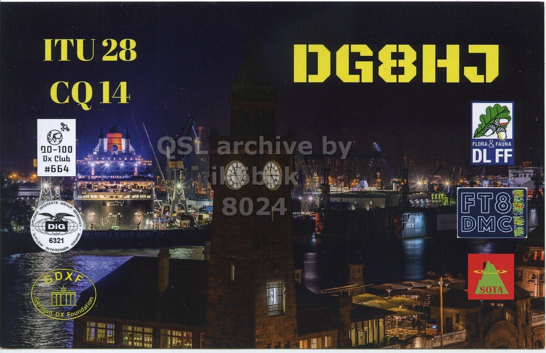 Front QSL card, of DG8HJ to IK6BAK, June 26, 2023, CW mode. The QSL image contains the following objects: Waterfront, City, Metropolis, Advertisement, Clock Tower. And contains this text: ITU 28 DG8HJ CQ 14 FLORA & FAUNA Dx Club DL FF #664 FT8 8024 DIPLOMA DIPLOM INTERESTS INTERESSEN DiG 6321 GROUP GRUPPE GERMANY DMC GDXF SOTA German DX Foundation.