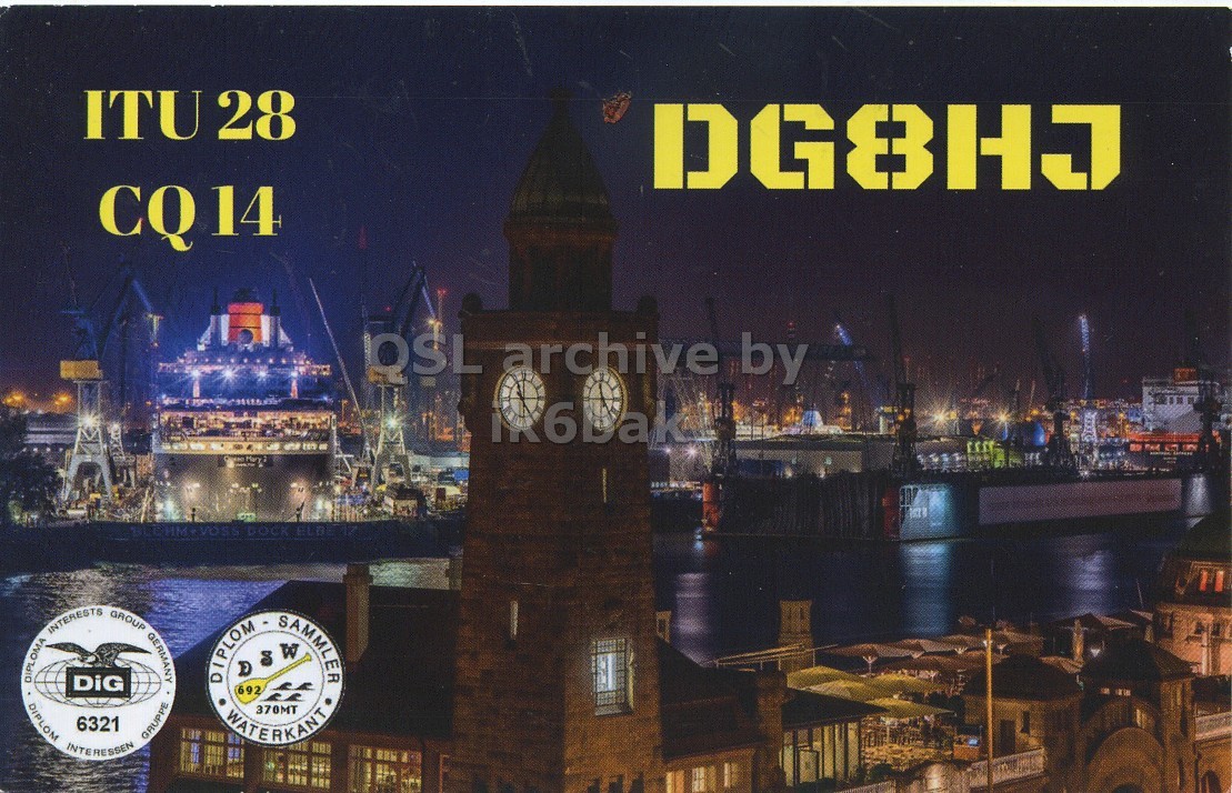 Front QSL card, of DG8HJ to IK6CQC, July 4, 2012, SSB mode. The QSL image contains the following objects: Waterfront, City, Metropolis, Harbor, Advertisement. And contains this text: ITU 28 DG8HJ OSL archive by DIPLOMA DIPLOM INTERESTS INTERESSEN DiG 6321 GROUP GRUPPE GERMANY DIPLOM 692 DO SAMMLER 370MT WATERKANT ITU 28 DG8HJ OSL archive by DOCK DIPLOMA DIPLOM INTERESTS INTERESSEN DiG 6321 GROUP GRUPPE GERMANY DIPLOM 692 DO SAMMLER 370MT WATERKANT.