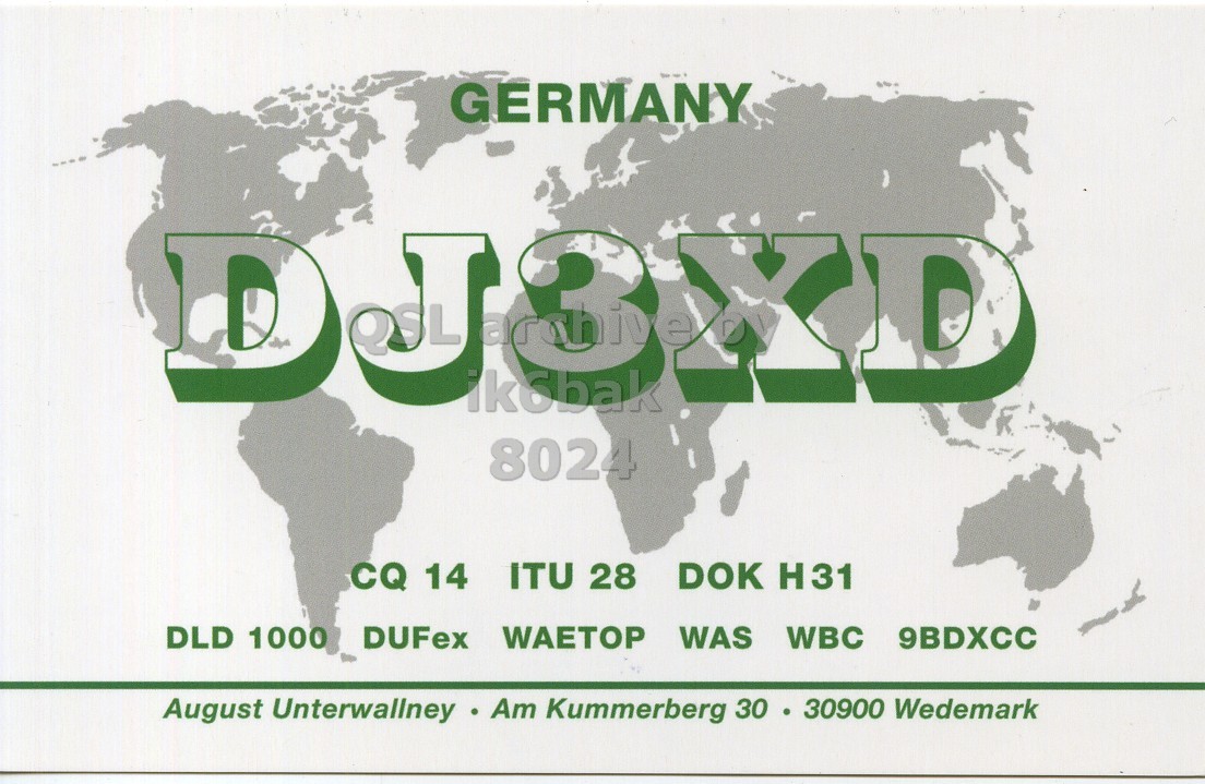 Front QSL card, of DJ3XD to IK6BAK, November 26, 2022, CW mode. The QSL image contains the following objects: Bride, Person, Woman. And contains this text: GERMANY 8024 CQ 14 ITU 28 DOK H31 DLD 1000 DUFex WAETOP WAS WBC 9BDXCC August Unterwallney - Am Kummerberg 30 30900 Wedemark.