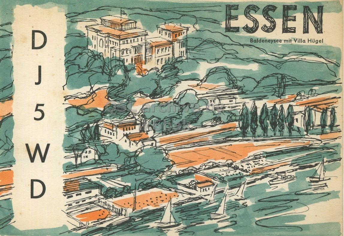 Front QSL card, of DJ5WD to I1LCN, August 3, 1962, PH mode. The QSL image contains the following objects: Book, Publication, Art, Painting, City. And contains this text: ESSEN DJ5 Baldeneysee mit Villa Hügel D ESSEN DJ5 Baldeneysee mit Villa Hügel D.