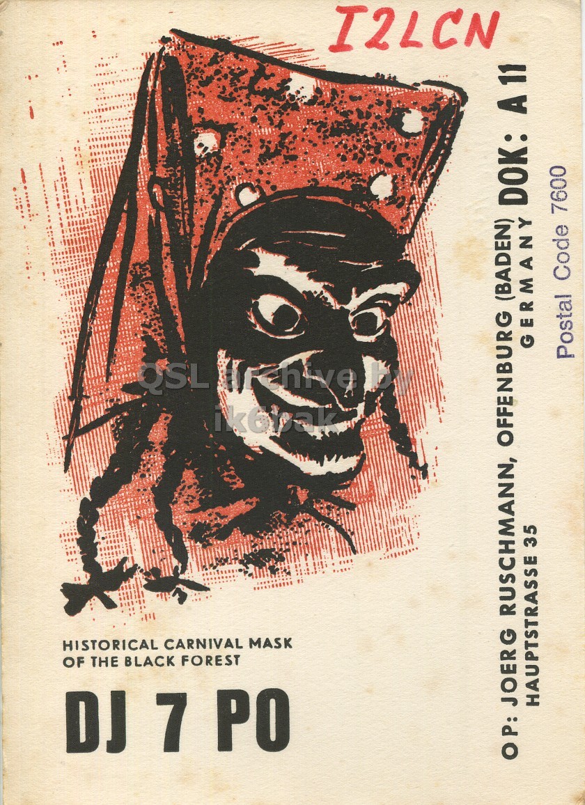 Front QSL card, of DJ7PO to I2LCN, December 23, 1971, SSB mode. The QSL image contains the following objects: Advertisement, Poster, Book, Face, Person. And contains this text: I2LCN DOK: A 11 QSL GERMANY Postal Code 7600 ik6bak HISTORICAL CARNIVAL MASK OF THE BLACK FOREST DJ 7 PO HAUPTSTRASSE 35 OP: JOERG RUSCHMANN, OFFENBURG (BADEN) I2LCN DOK: A 11 QSL GERMANY Postal Code 7600 ik6bak HISTORICAL CARNIVAL MASK OF THE BLACK FOREST DJ 7 PO HAUPTSTRASSE 35 OP: JOERG RUSCHMANN, OFFENBURG (BADEN).