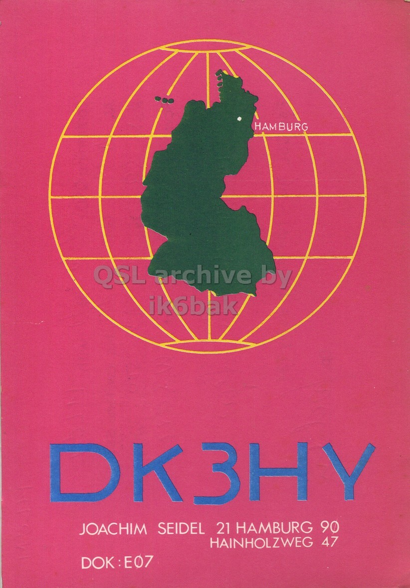 Front QSL card, of DK3HY to I1LCN, October 11, 1970, PH mode. The QSL image contains the following objects: Publication, Book, Person, Advertisement, Poster. And contains this text: HAMBURG QSL archive by ik6bak DK3HY JOACHIM SEIDEL 21 HAMBURG 90 HAINHOLZWEG 47 HAMBURG QSL archive by ik6bak DK3HY JOACHIM SEIDEL 21 HAMBURG 90 HAINHOLZWEG 47.