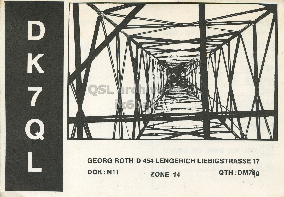 Front QSL card, of DK7QL to I6LCN, June 29, 1973, SSB mode. The QSL image contains the following objects: Advertisement, Cable, Power Lines, Poster, Electric Transmission Tower. And contains this text: DK7QL GEORG ROTH D 454 LENGERICH LIEBIGSTRASSE 17 DOK:N11 ZONE 14 DK7QL QSL GEORG ROTH D 454 LENGERICH LIEBIGSTRASSE 17 DOK:N11 ZONE 14.