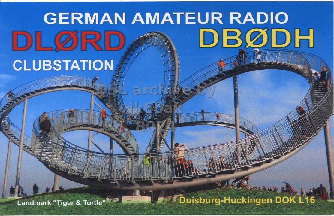 Front QSL card, of DL0RD to IK6BAK, February 5, 2023, CW mode. The QSL image contains the following objects: Amusement Park, Fun, Roller Coaster, Person. And contains this text: GERMAN AMATEUR RADIO DLORD CLUBSTATION Duisburg-Huckingen DOK L16 Landmark "Tiger & Turtle".