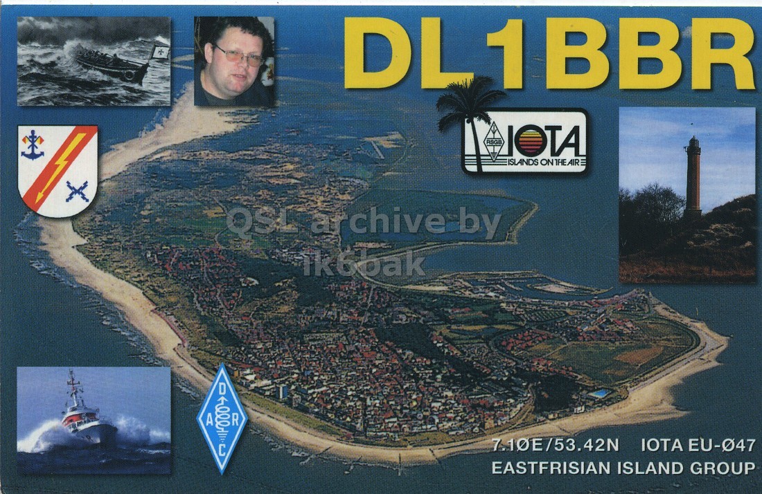 Front QSL card, of DL1BBR to IK6CQC, March 24, 2006, SSB mode. The QSL image contains the following objects: Sea, Land, Adult, Man, Person. And contains this text: DL1BBR RSGB ISLANDS ON THEAIRE QSL archive by ik6bak D A R 000 С EASTFRISIAN ISLAND GROUP DL1BBR RSGB ISLANDS ON THEAIRE QSL archive by ik6bak D A R 000 7.10E/53.42N IOTA С EASTFRISIAN ISLAND GROUP.