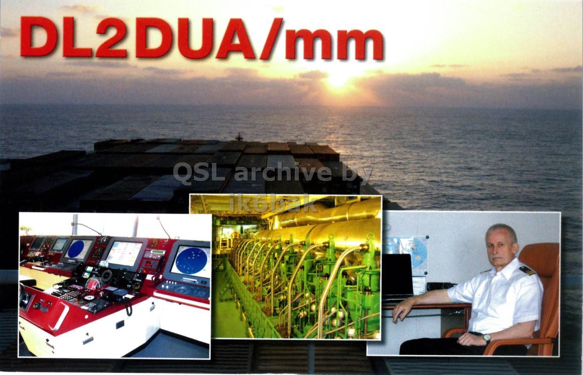 Front QSL card, of DL2DUA/MM to IK2GRA, June 7, 2015, CW mode. The QSL image contains the following objects: Photography, Sky, Yacht, Person, Portrait. And contains this text: DL2DUA/mm ik6bak.