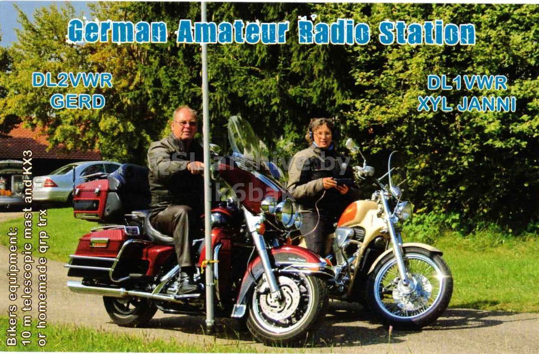 Front QSL card, of DL2VWR to IK2GRA, November 3, 2022, CW mode. The QSL image contains the following objects: Motorcycle, Adult, Male, Man, Person. And contains this text: German Amateur Radio Station DL2VWR DL1VWR GERD XYL JANNI Bikers equipment: 10 m telescopic mast and KX3 or homemade qrp trx.
