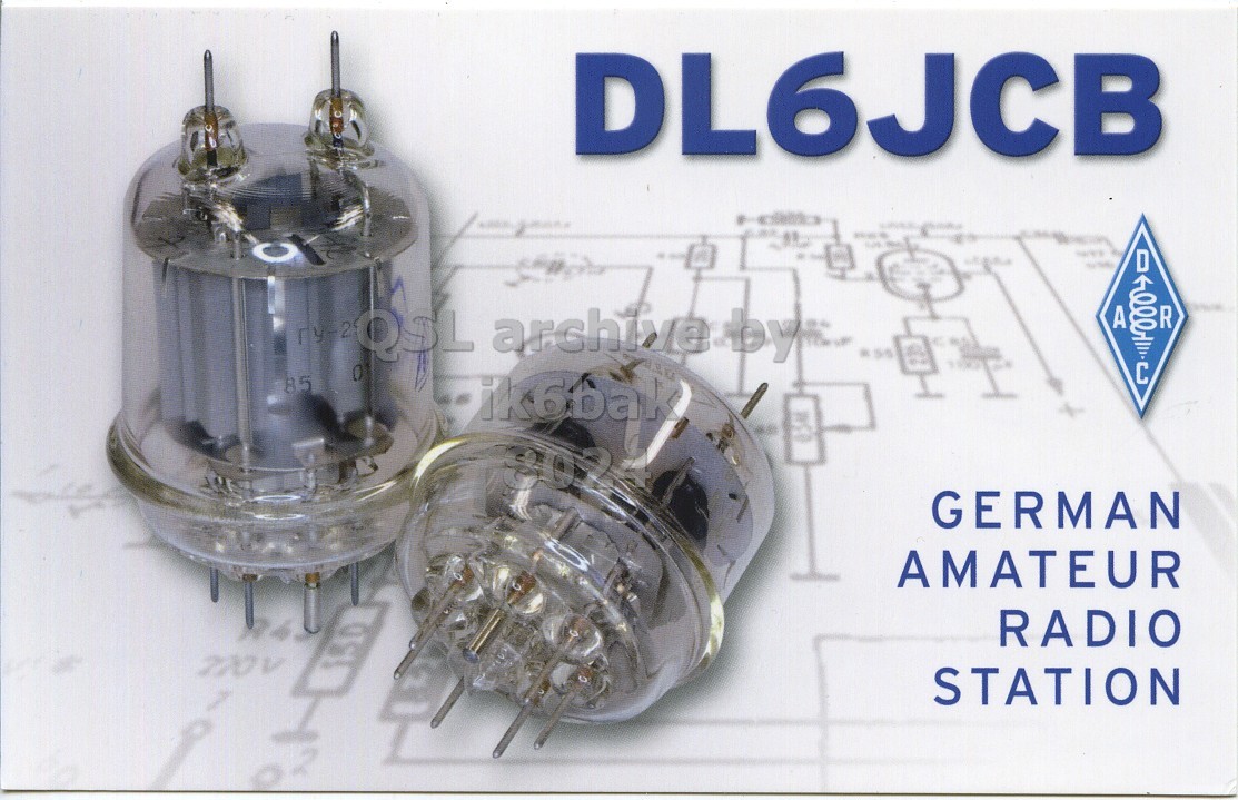 Front QSL card, of DL6JCB to IK6BAK/P, February 29, 2024, SSB mode. The QSL image contains the following objects: Light. And contains this text: DL6JCB D A R С 85 ik6bak GERMAN AMATEUR RADIO 220V STATION.