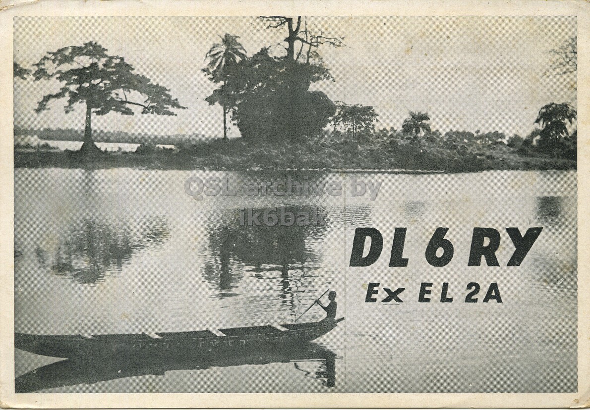 Front QSL card, of DL6RY to I1LCN, September 3, 1963, PH mode. The QSL image contains the following objects: Advertisement, Person, Poster, Water, Outdoors. And contains this text: Ex EL 2A by Ex EL 2A.