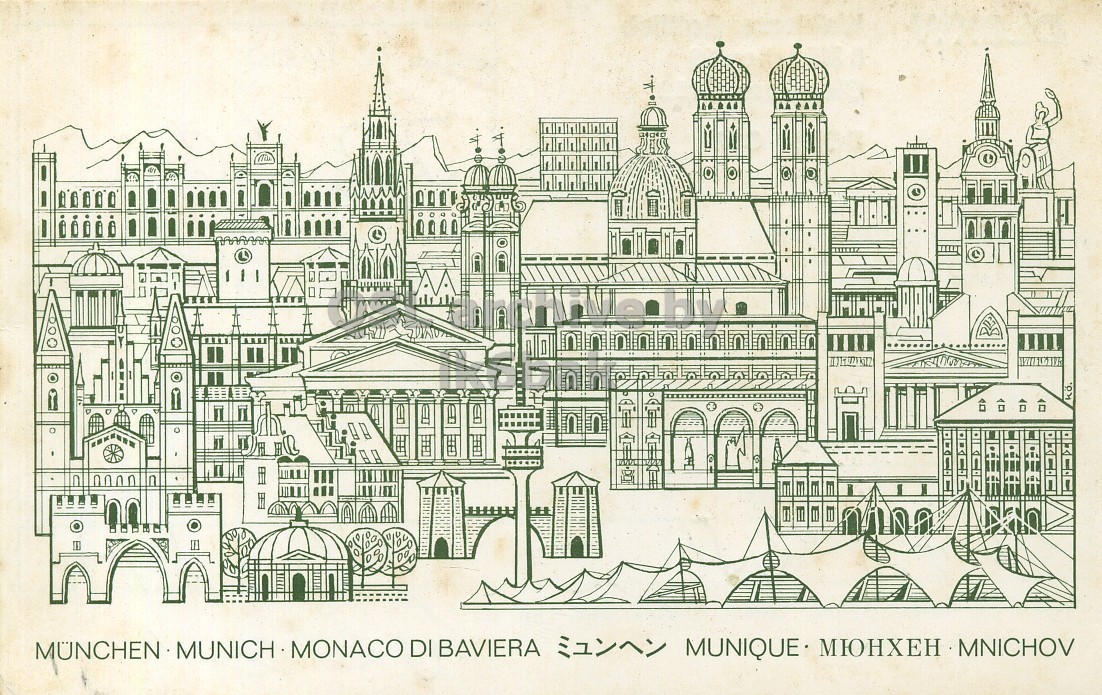 Front QSL card, of DL6XW to I2LCN, July 10, 1970, PH mode. The QSL image contains the following objects: Building, Art, Plan, Doodle, Drawing. And contains this text: MÜNCHEN MUNICH MONACO DI BAVIERA MUNIQUE. МЮНХЕН MNICHOV MÜNCHEN MUNICH MONACO DI BAVIERA МЮНХЕН MNICHOV.