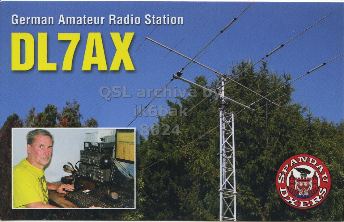 Front QSL card, of DL7AX to IK6BAK/P, October 29, 2024, SSB mode. The QSL image contains the following objects: Adult, Male, Man, Person, Utility Pole. And contains this text: German Amateur Radio Station DL7AX ik6bak 8024.