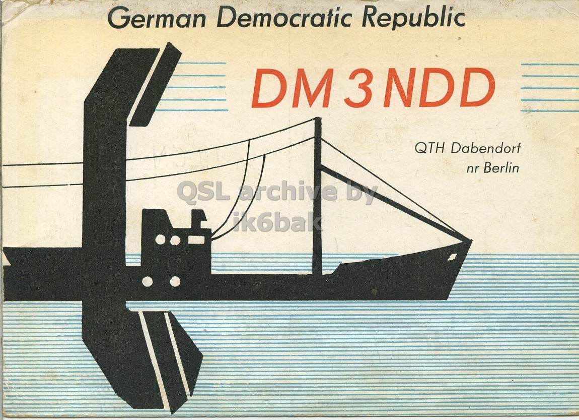 Front QSL card, of DM3NDD to I1LCN, November 15, 1967, PH mode. The QSL image contains the following objects: Arch. And contains this text: German Democratic Republic DM3NDD QTH Dabendorf nr Berlin QSL archive by ik6bak German Democratic Republic DM3NDD QTH Dabendorf nr Berlin QSL archive by ik6bak.