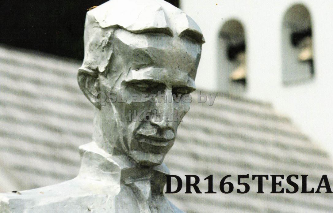 Front QSL card, of DR165TESLA to IK2GRA, January 31, 2021, CW mode. The QSL image contains the following objects: Art, Adult, Male, Man, Person. And contains this text: ik6bak DR165TESLA.