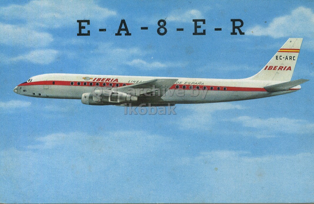 Front QSL card, of EA8ER to I1LCN, January 10, 1971, PH mode. The QSL image contains the following objects: Aircraft, Airliner, Airplane, Vehicle, Flight. And contains this text: EC-ARC IBERIA IBERIA LINEA DE ESPAÑA archive 1k6bak EC-ARC IBERIA IBERIA LINEA DE ESPAÑA archive 1k6bak.