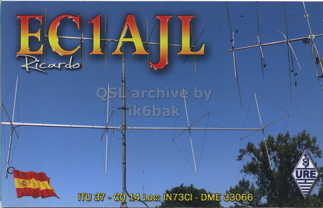 Front QSL card, of EC1AJL to IK6CQC, July 2, 2012, SSB mode. The QSL image contains the following objects: Electrical Device. And contains this text: Ricardo QSL archive by ik6bak URE ITU 37 -CQ 14 Loc: IN73CI - DME 33066 Ricardo QSL archive by ik6bak URE ITU 14 Loc: 33066.