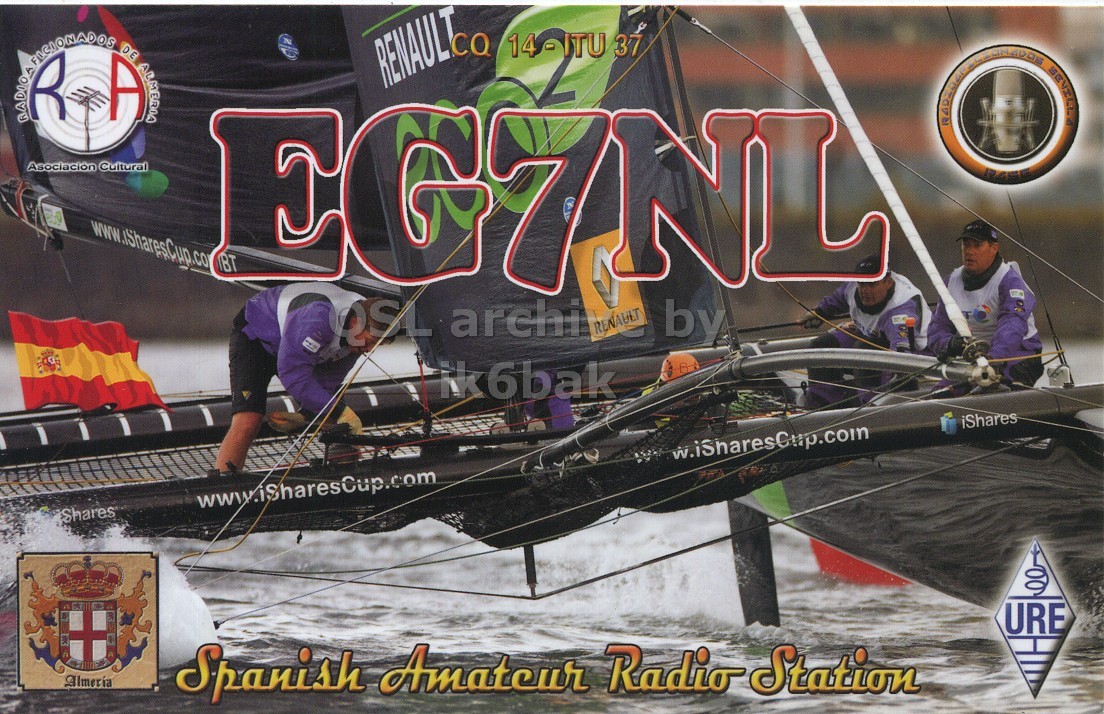 Front QSL card, of EG7NL to IK6CQC, October 11, 2009, SSB mode. The QSL image contains the following objects: Watercraft, Adult, Male, Man, Person. And contains this text: FACIONADOS RADIO. DE ALMERIA N 37 Asociación Cultural www.iSharesCup.co by iShares Shares URE Spanish Amateur Radio Station 14-ITU FACIONADOS DE ALMERIA N 37 Asociación Cultural www.iSharesCup.co by iShares Shares URE Spanish Amateur Radio Station.