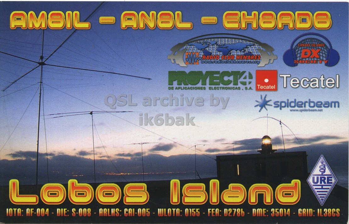 Front QSL card, of EH8RDB to IK6CQC, July 26, 2008, SSB mode. The QSL image contains the following objects: Advertisement. And contains this text: DX RADIO CLUB HENARES SOCIETY PROYECTA Tecatel Tecatel DE APLICACIONES ELECTRONICAS. S.A. QSL archive by spiderbeam ik6bak URE Lobos Island IOTA: AF-004 - DIE: S-008 - ARLHS: CAI-005 - WLOTA: 0155 - FEA: D2786 - DME: 35014 - GRID: IL38CS AMBIL CANARY DX RADIO CLUB HENARES SOCIETY PROYECTA Tecatel Tecatel DE APLICACIONES ELECTRONICAS. S.A. QSL archive by spiderbeam ik6bak URE Lobos Island IOTA: S-008 - ARLHS: CAI-005 - WLOTA: 0155 - FEA: 35014 - GRID: IL38CS.
