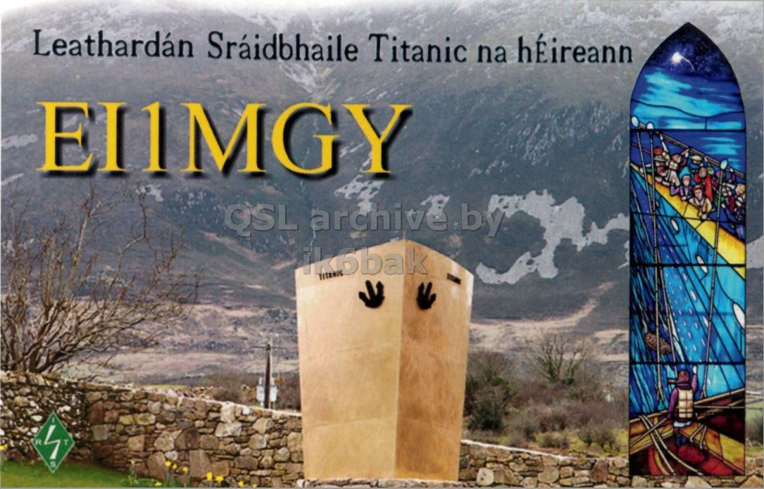 Front QSL card, of EI1MGY to IK2GRA, April 8, 2012, CW mode. The QSL image contains the following objects: Art, Person, Skateboard. And contains this text: Leathardán Sráidbhaile Titanic na hÉireann QSL archive by ik6bak R T S Leathardán Sráidbhaile Titanic na hÉireann QSL archive by ik6bak R T S.