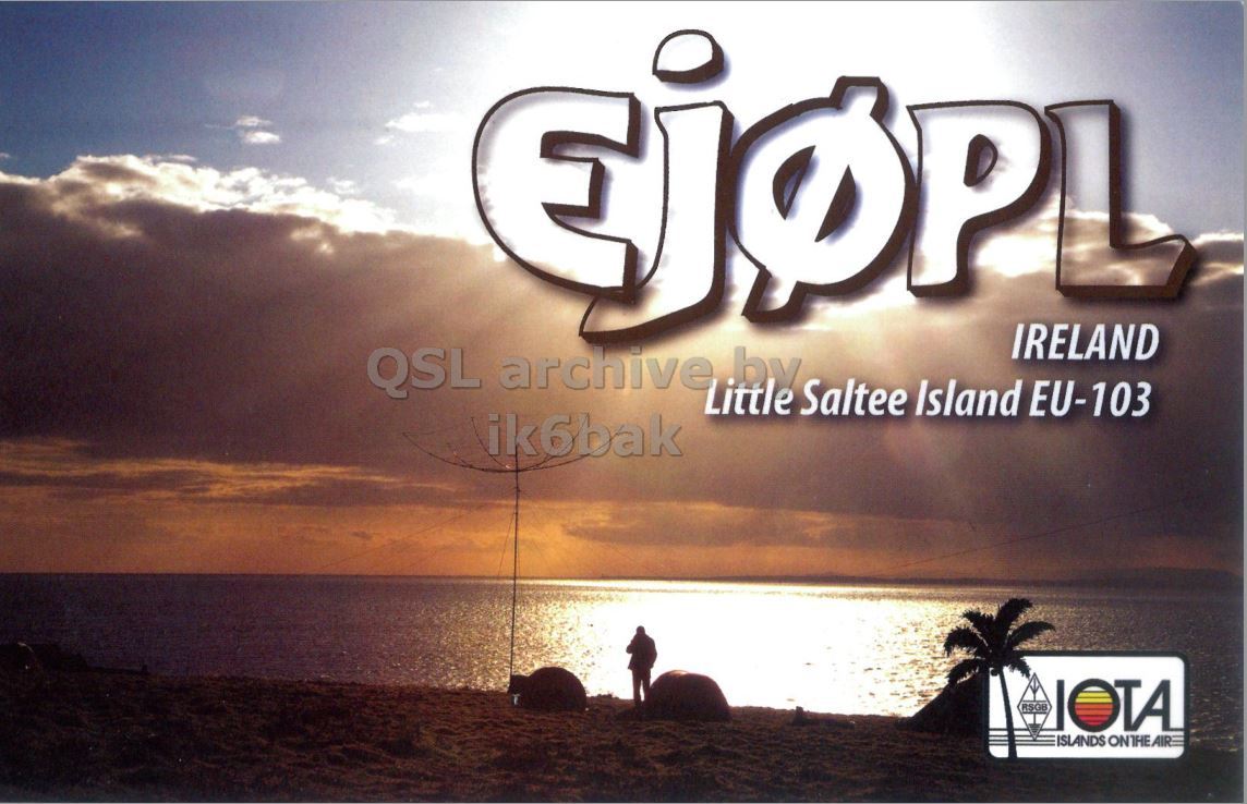 Front QSL card, of EJ0PL to IK2GRA, April 14, 2012, CW mode. The QSL image contains the following objects: Outdoors, Sky, Summer, Person, Sea. And contains this text: QSL GJOPLE archive Little by Saltee Island IRELAND EU-103 ik6bak IOTA QSL archive Little by Saltee Island IRELAND EU-103 ik6bak IOTA ISLANDS ON THE.